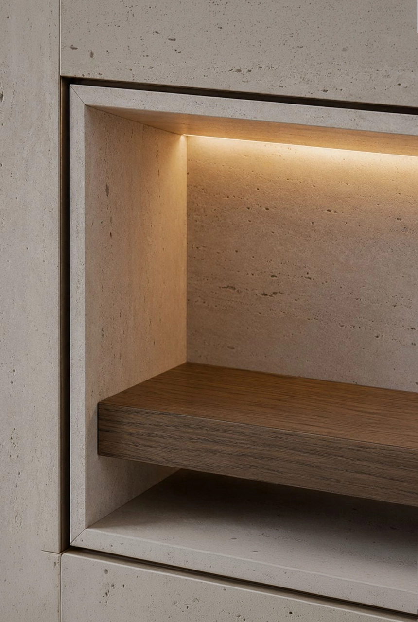X4 Design and Build recessed niche detail with natural stone frame, warm hidden LED lighting, floating wood shelf, clean joints, and luxury fit-out execution